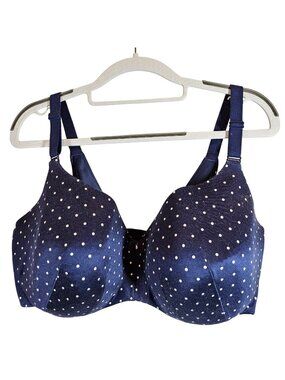 Cacique Lightly Lined Balconette Bra Navy Blue Polka Dot Size 42F Adjustable Str